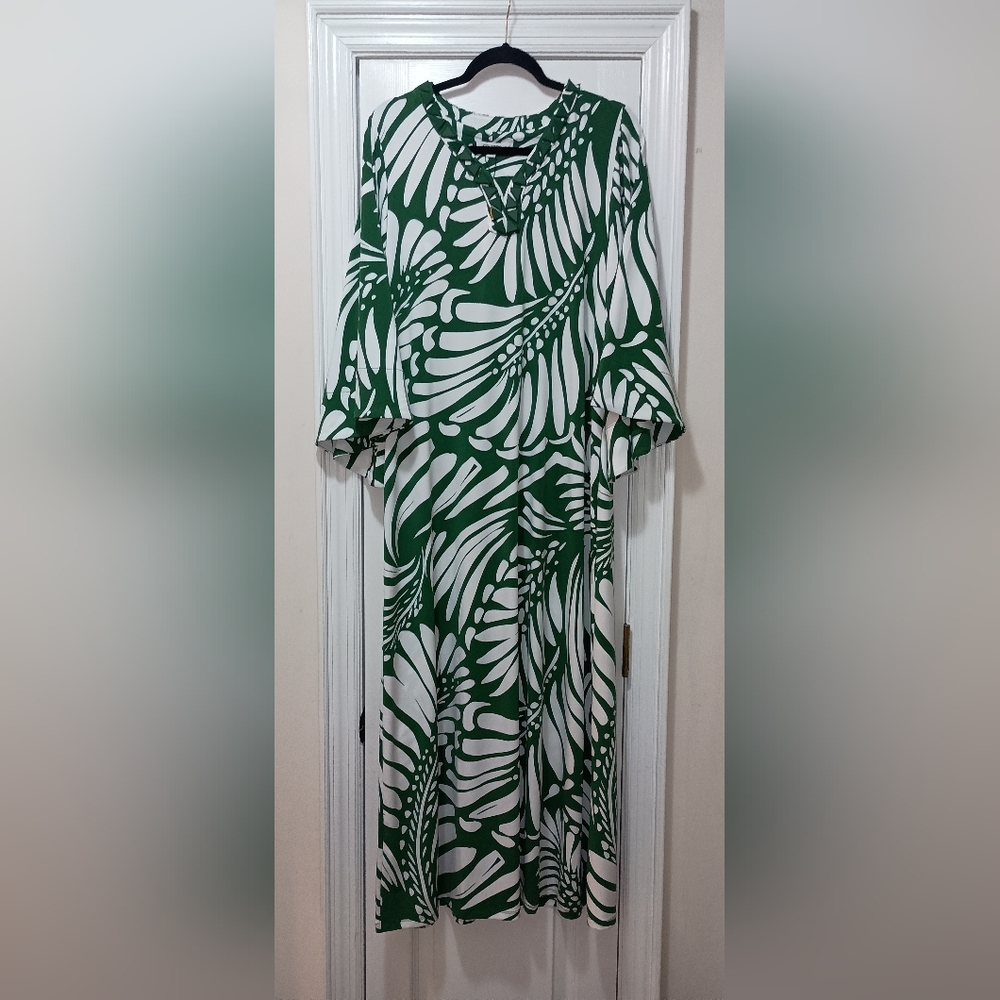 Chico's palm Print green White Beaded Maxi Dress Large NWT